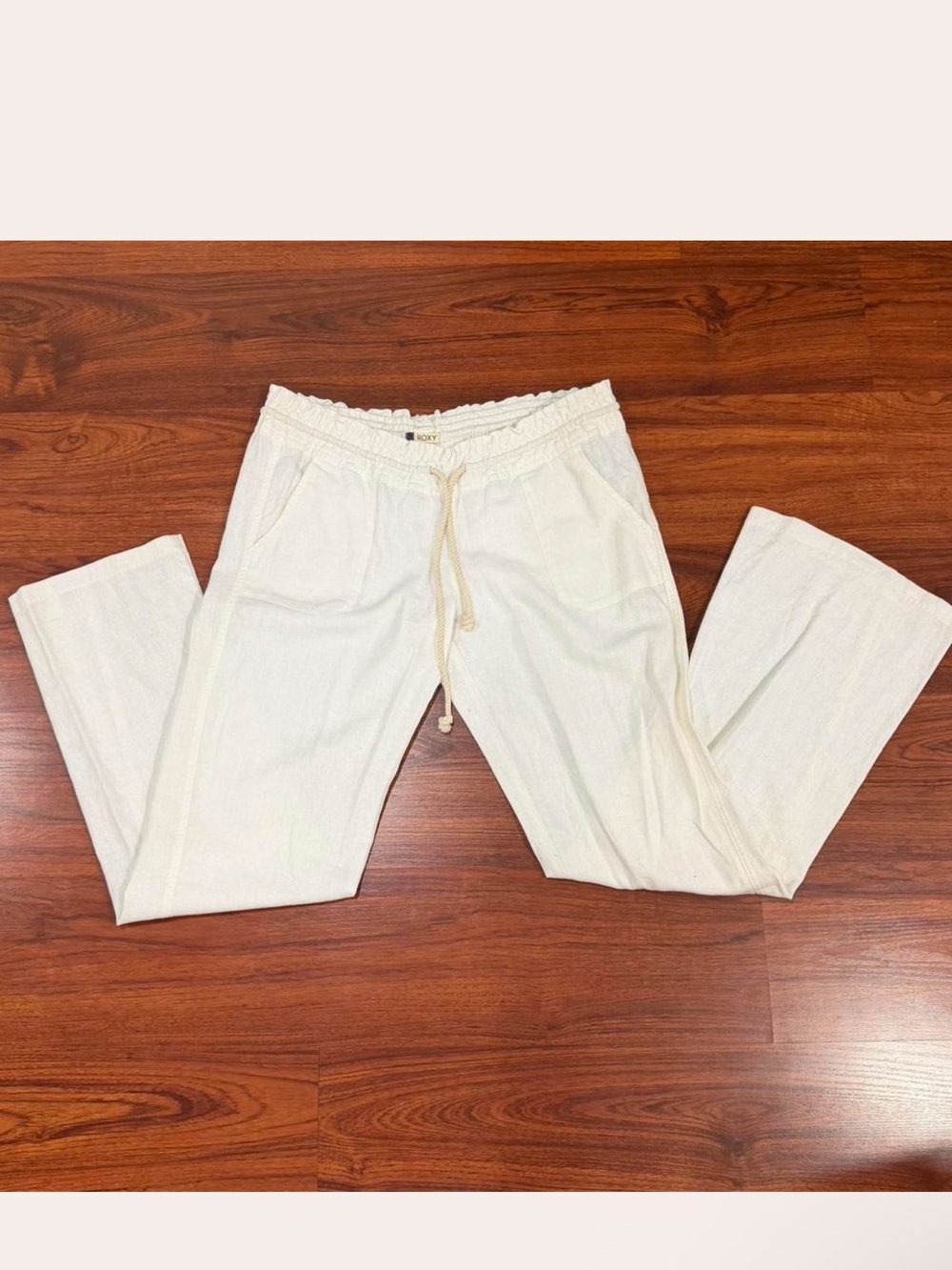 Roxy Linen Cream Wide-Leg Drawstring Pants